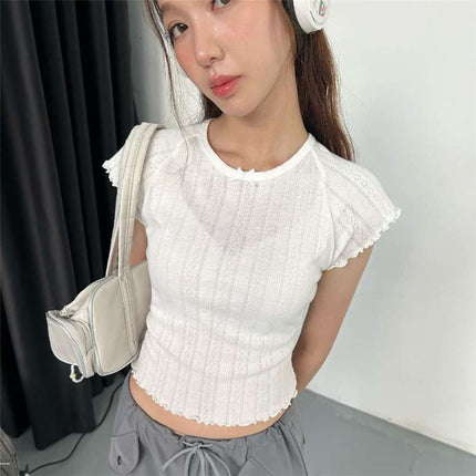 Ins European and American Style 2025 Spring and Summer Women's New Products Sweet Girly Style Pure Color Personalized Round Neck Slim Short-Sleeved T-Shirt for Women