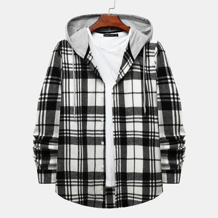 Cross-border Hooded Plaid Shirt Men's 2024 Foreign Trade Autumn Harajuku Style Plaid Hooded Shirt Men's Hong Kong Style Casual Shirt