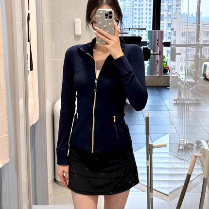 Lulu Same Style Gold Zipper Long Sleeve Jacket Yoga Suit Spring Sports Top Tight Sports Slim Jacket Women's Coat