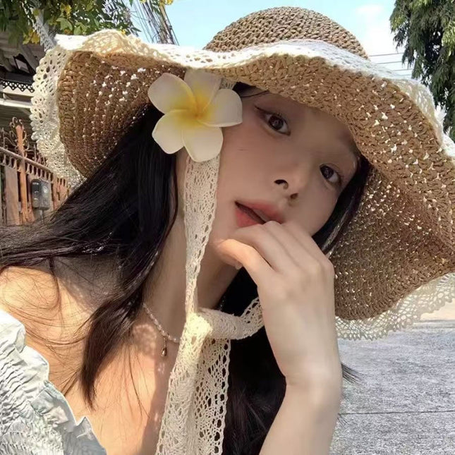 Straw Hat Seaside Large Brim Sun Hat Women's Summer Breathable Face-Covering Sun Hat Lace Beach Hat Sun Protection Hat