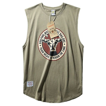 Simple Men's Ami Khaki Printed Crewneck Sports Leisure T Waistcoat Washed Cotton Vintage Garden Swing Side Split Vest