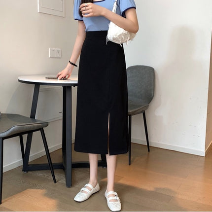 Early autumn versatile split Korean style high-end 20 women's clothing sense 23 mid-length hip skirt high waist slimming A- line skirt
