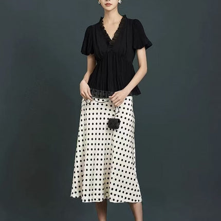 Miu Series Triacetate Polka Dot Skirt Korean Style Satin Polka Dot Elastic Waist Bias-Cut A-Line Skirt Women's Fishtail Skirt