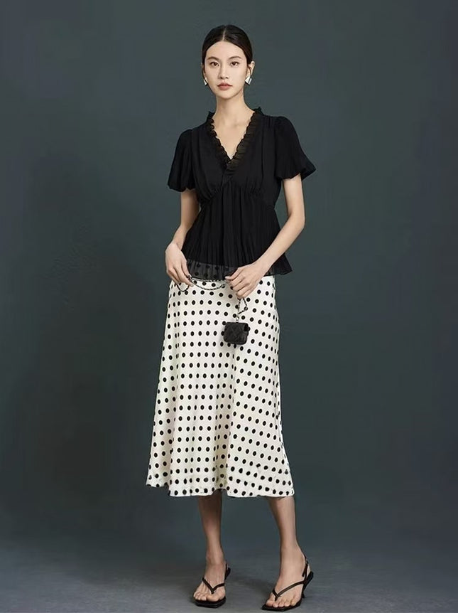 Women Polka Dot Acetate Satin Skirt Korean Style Sweet Elastic Waist Bias Cut A-Line 4 Lengths XXS-XXL / Jupe À Pois Acétate Satin Femme Style Coréen Doux Taille Élastique Biais Coupe A 4 Longueurs XXS-XXL