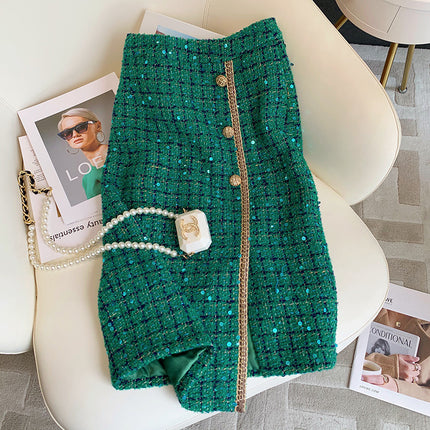 Vintage Heavy Industry Coat Green Sequin Small Fragrant Style suit Women's Autumn and Winter 2024 New High Waist Split Skirt