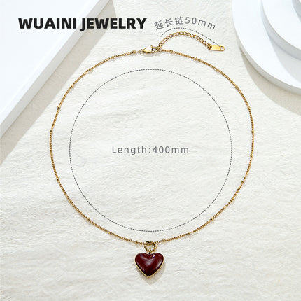 New Year's Wine Red Enamel Drop Oil Love Necklace Female Niche Color-free High-grade Pendant Titanium Steel Plated 18K Gold Accessories