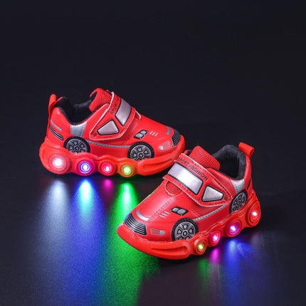 Foreign trade induction lamp shoes boys spring and summer new cartoon car boys and girls sneaker velcro bright light shoes tide