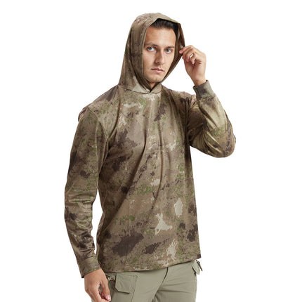 New Men's Long-Sleeved Quick-Drying Hooded Sun Protection t Outdoor Tactical Sports Physical Fitness Breathable Camouflage T-Shirt Camping Style Fishing