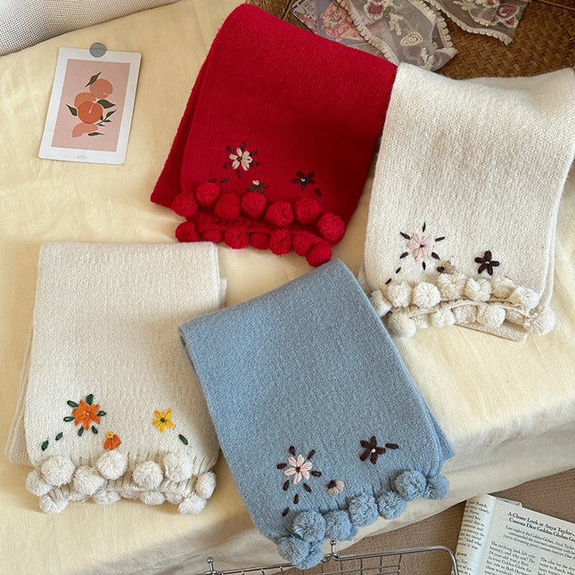 Sun Flower Rain ~ dark blue light blue * Cute Flower Embroidered Scarf Handmade Fur Ball Autumn and Winter Warm Wool Scarf