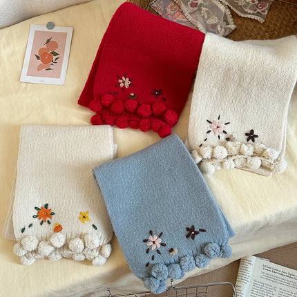 Sun Flower Rain ~ dark blue light blue * Cute Flower Embroidered Scarf Handmade Fur Ball Autumn and Winter Warm Wool Scarf