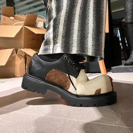 Horse hair derby shoes men and women with milk mandarin duck small leather shoes lace-up thick heel thick-soled soft leather shoes casual shoes tide