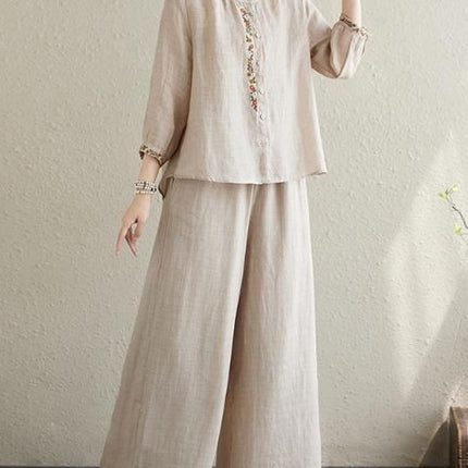 plus size Spring Dress Women's New Chinese Cotton and Linen suit Mother Western Style National Style Embroidered Top Fashion Casual Two-piece Set