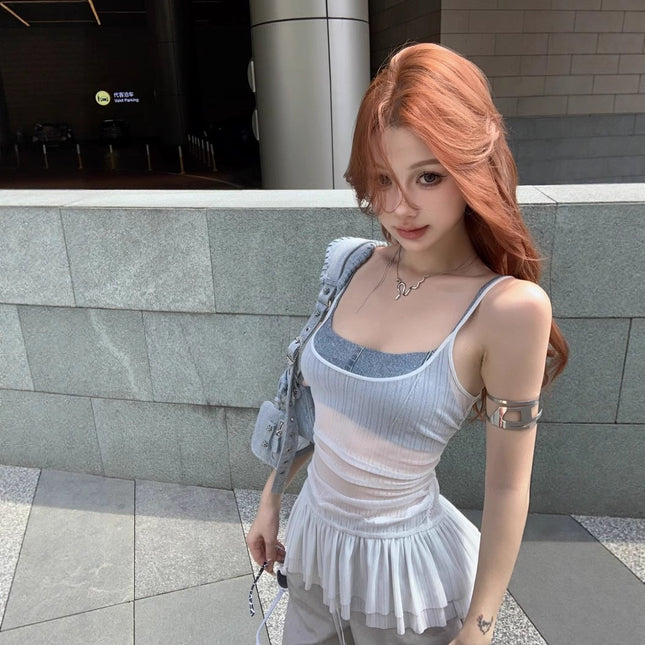 Ruffled Camisole for Women with Beautiful Pleated Back, Slimming and Sexy American-Style Top for Outer Wear