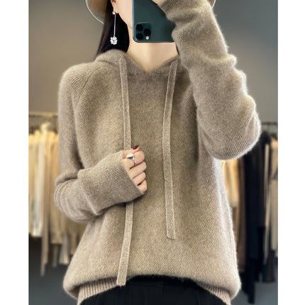 First-line clothing pure wool 2025 spring new women's short solid color hoodie pullover base sweater sweater