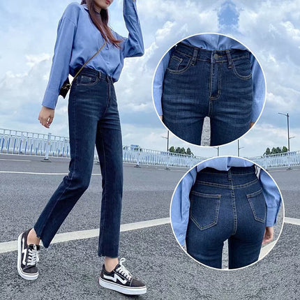 Small high waist straight jeans women's all-match retro Hong Kong style all-match loose slimming cropped pipe pants fashion