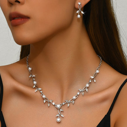 Pinduoduo Cross-border Pearl Women's Fashion Elegant Alloy Drop Bridal Dress Accessories Necklace Earrings suit