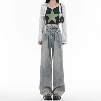 Retro Draped Jeans for Women, Summer Style, High-Waisted Hot Girls, Loose Casual Straight-Leg Floor-Length Wide-Leg Pants