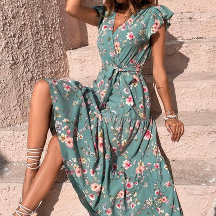 【Code】Summer Vacation Floral Dress with Floral Print, Butterfly Sleeves, Ruffled Belt, Vacation Style, Light Luxury