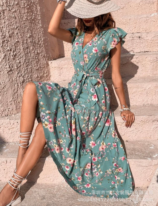 【Code】Summer Vacation Floral Dress with Floral Print, Butterfly Sleeves, Ruffled Belt, Vacation Style, Light Luxury