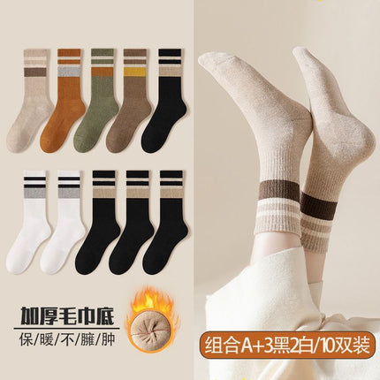 Socks Women's Autumn and Winter Mid-length Socks fleece-lined Thickened Warm terry Towel Bottom Cotton Socks High-tube Fashionable Women's Stockings