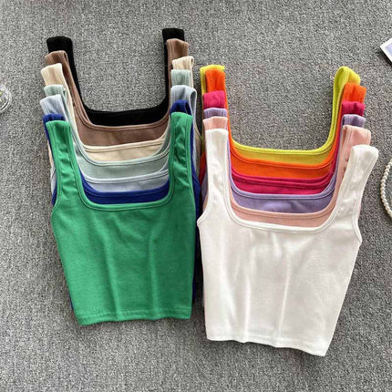 Vest Women's Outer Wear Summer Short Sleeveless Crop Top Square Collar Fashion Versatile Slim Solid Color Bottoming Shirt Trbottomy