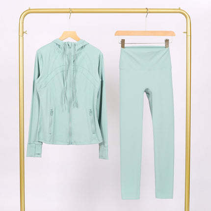 Lulu Df Stamped Hooded Jacket and Cropped Pants Set, Tight-Fitting Stretch Jacket with Gold Zipper, Fitness Yoga Outfit