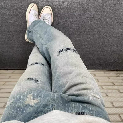 European and American High Street Vibe Retro Paisley Jeans for Men and Women with Ripped Patches, Unique Design, Slimming and Eye-Catching Street Style Pants