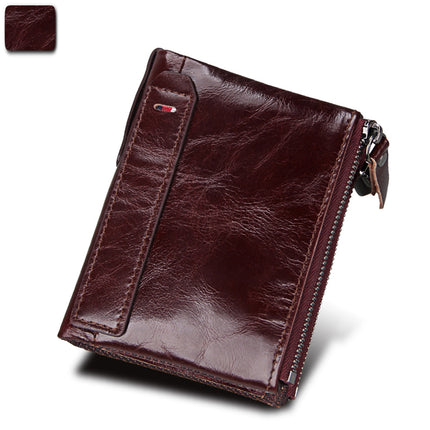 Crazy Horse Cowhide Men's Wallet RFID Anti-theft Brush Cowhide Short Men's Ticket Clip Wallet Double Zipper Coin Purse
