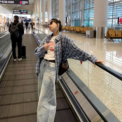 American Retro Distressed Washed Ripped Jeans for Women Summer New High-Waisted Slim Straight Wide-Leg Floor-Length Pants