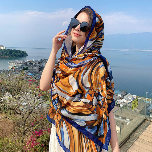 Ethnic Style Abstract Design Sense Cotton and Linen Scarf Sunscreen Shawl Women's Lightweight Travel Holiday Beach Towel Long Shawl