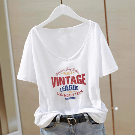 Bamboo White Right Shoulder Letter V-Neck Women's Short Sleeve T-Shirt 2025 Summer New Loose Slim Fit Versatile T-Shirt