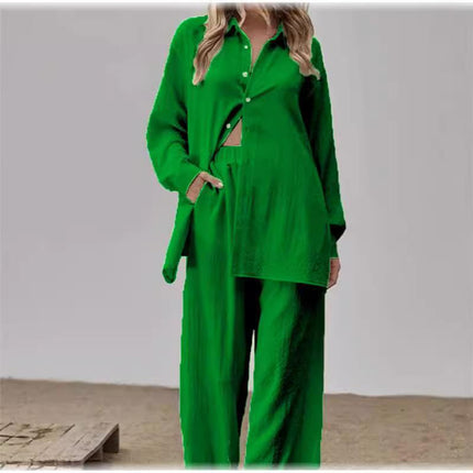 2024 European and American women's shirt pants set long sleeve lapel shirt and elastic pants 2 piece set fashion office suit