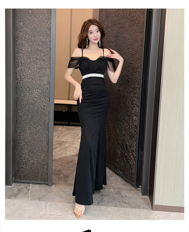 Nightclub Suspender Dress, Banquet Host Car Model Dress, Sexy Long Slit Floor-Length Women's Dress