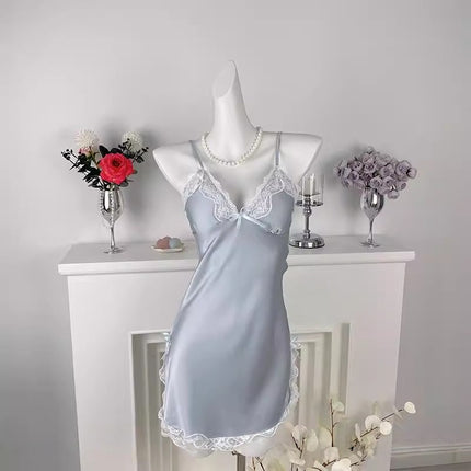 French-Style High-End Ice Silk Camisole Nightdress for Women, Summer Lace with Chest Pad, Sexy Sleepwear, Pure Desire Style Set, Loungewear