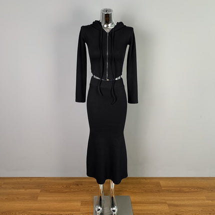 South Korea Dongdaemun Slim-fit Sexy Spice Girl Figure Short Hooded Jacket Sheath Fishtail Dress suit Women