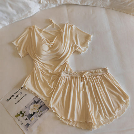 Girls' Pajamas Modal Cotton Short-Sleeved Shorts Summer Lace Women's Three-Piece Casual Home Wear Set with Breast Pads