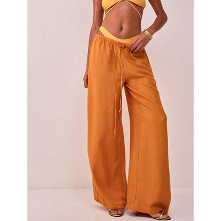 Cross-Border Bottoms Linen Texture Lace-Up Waist Pants Vacation Style Summer Bohemian Style Elegant