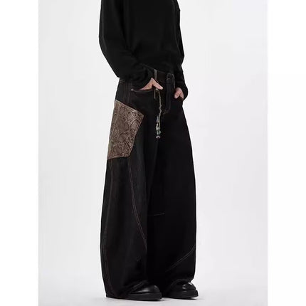 American Retro Silhouette Scimitar Jeans for Men and Women Street Design Couple Loose Straight Floor-Length Wide-Leg Pants