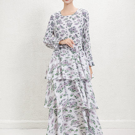 Black Crewneck Long Sleeve Floral Waist French Long Dress 2024 Autumn and Winter New Pleated Printed Cake Dress dress