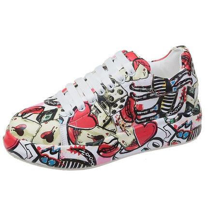 European and American New Hand-painted Graffiti Sneakers Women's McQueen White Shoes Leather Top Thick-soled Elevated Board Shoes Women's Casual Shoes Trendy