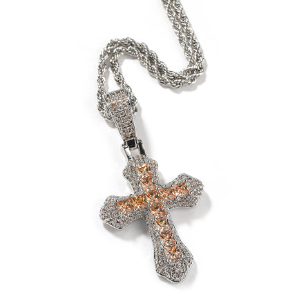 European and American Hip Hop Cross Pendant Jewelry Necklace Large Copper Set Purple Zircon Light Luxury Sweater Necklace Wholesale