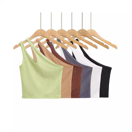 2024 New Summer Style European and American Short Sexy One-Shoulder Double Shoulder Cut Out Slim Vest Top