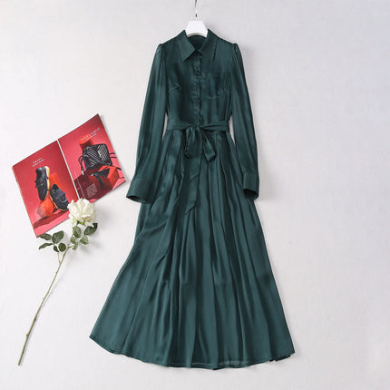 Star with 2024 early autumn women's lapel long sleeve dark green buckle waist long temperament socialite dress