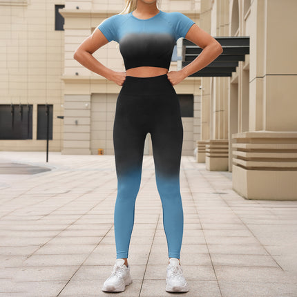 Cross-border Gradient Seamless Yoga Suit suit Women's Quick-drying Sports Fitness Suit Top Short-sleeved Peach Hip Yoga Pants