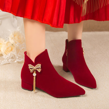 2026 New Style Bowknot Rhinestone Beaded Wedding Shoes Korean Style Tassel Chunky Heel Comfortable Bridal Boots Burgundy Fashion Boots