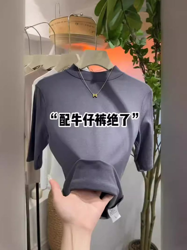 Solid Color Half Turtleneck Elastic Inner Quarter-Sleeved Bottoming Shirt Top for Women Spring New Versatile Slimming Look Elegant T-Shirt
