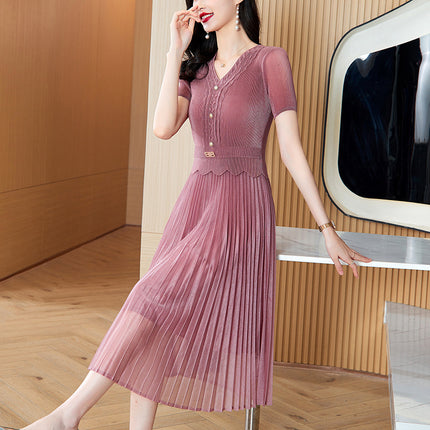 Miyake Pleated Magic Fashion dress 2025 Summer New V-Neck Short-Sleeved Stitching Slimming Pleated Skirt