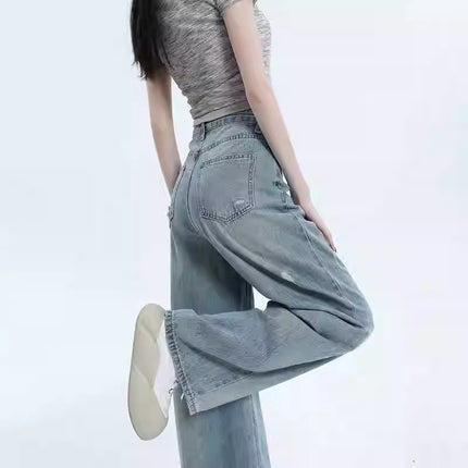 American Retro Wide-Leg Jeans for Women, Trendy Versatile New Ripped Design, Loose Slimming Drape Straight Pants