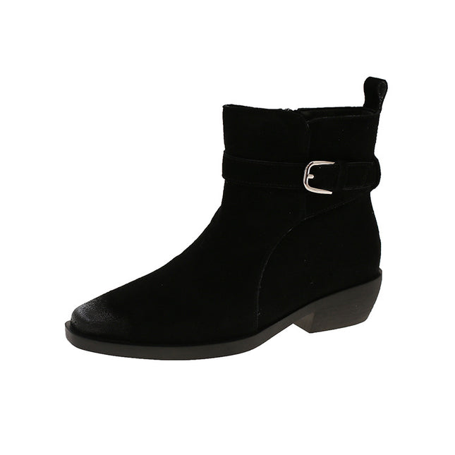 Cow Suede Retro Maillard Short Boots for Women 2025 Autumn and Winter New Belt Buckle Side Zipper Thick Heel Western Cowboy Boots