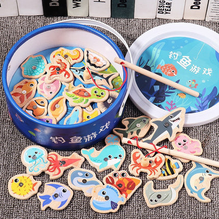 Magnetic Wooden Barrel Marine Fishing Toy Children's Early Education Educational Cognitive Fun Boys and Girls Parent-Child Games